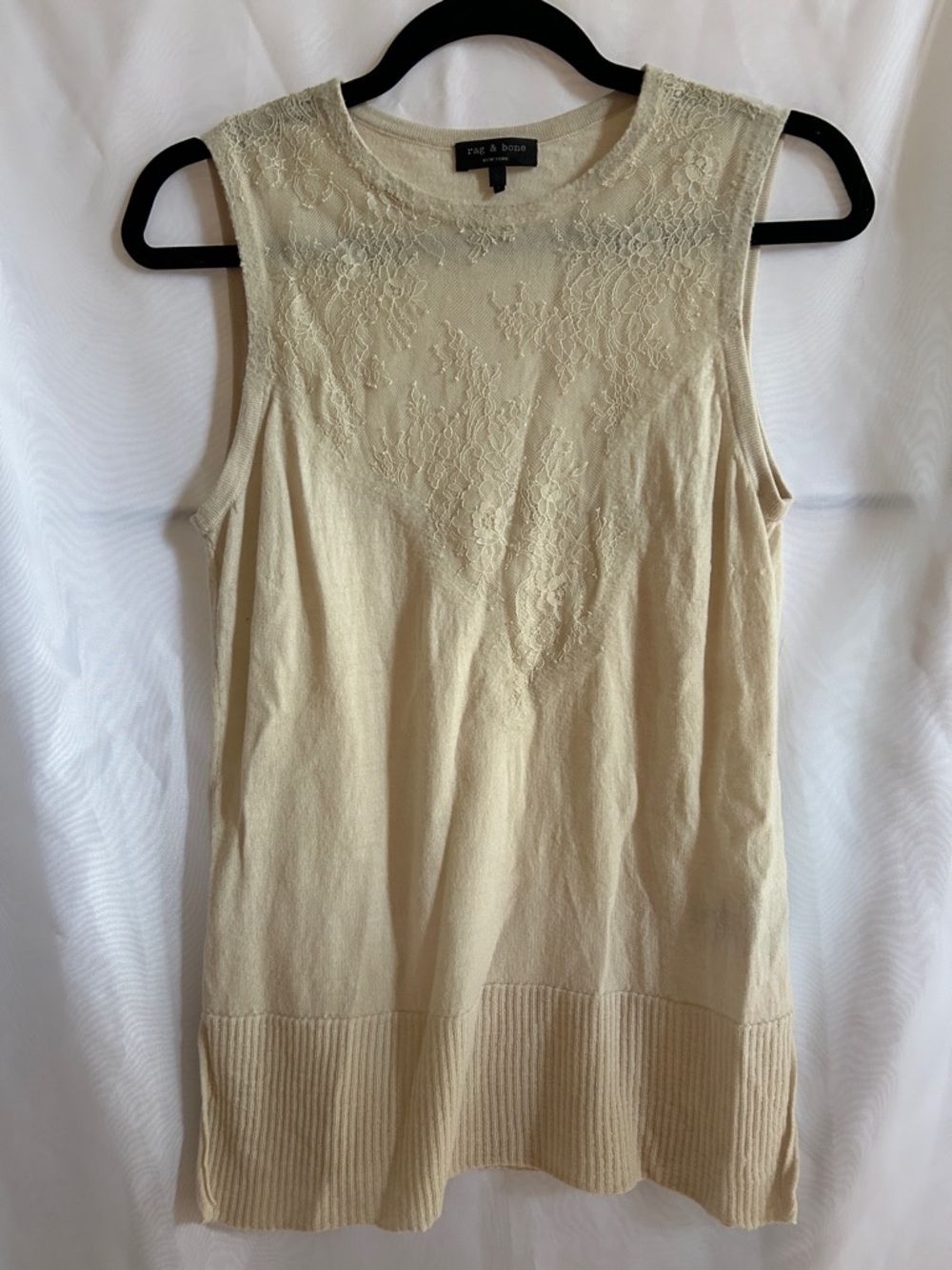 rag & bone Cream Sleeveless Lace Yoke Knit Tank